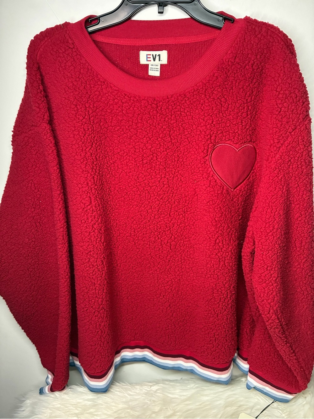 Red Sherpa Pullover Sweater with Heart Patch